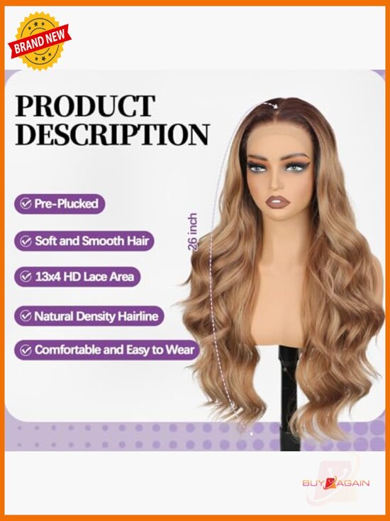 13x4 HD Lace Front Wig Synthetic Curly Wavy Long Glueless Full Head 26 Inch main image 7